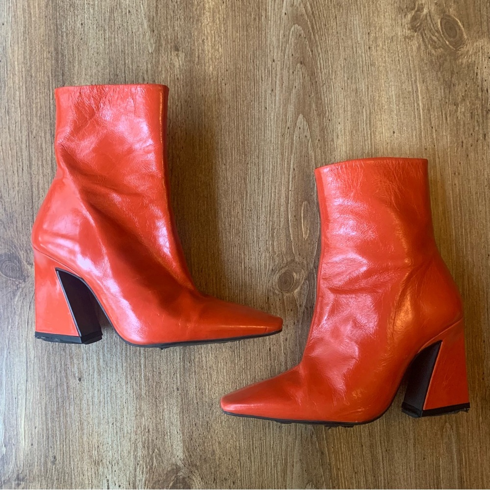 Vintage Patent Leather Orange Mod Booties Square Toe